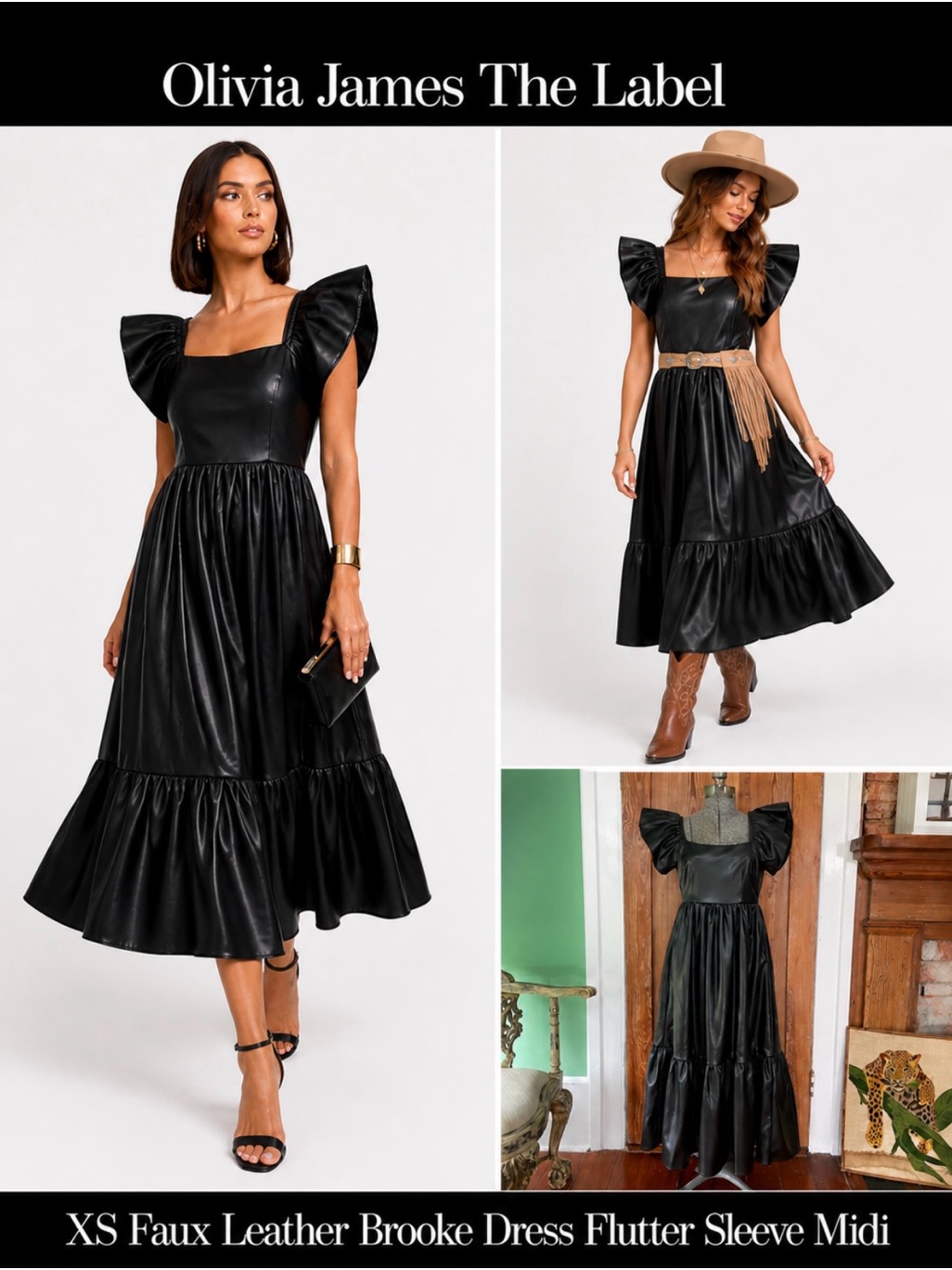 Olivia James Brooke Faux Leather Flutter Sleeve Tiered Midi Dress Xs
